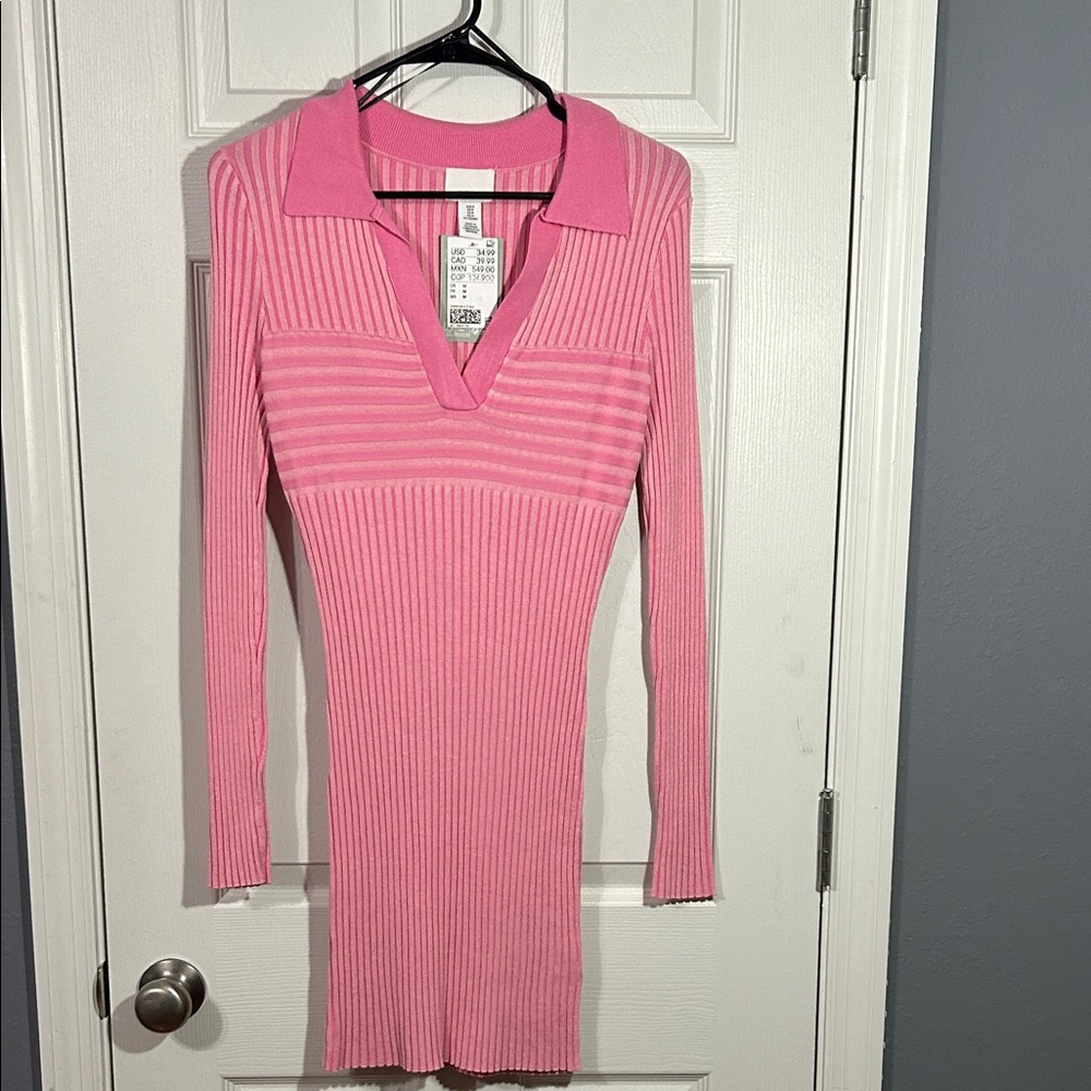 H&M Pink Long Sleeve Ribbed V-Neck collared Dress women’s Size Medium
